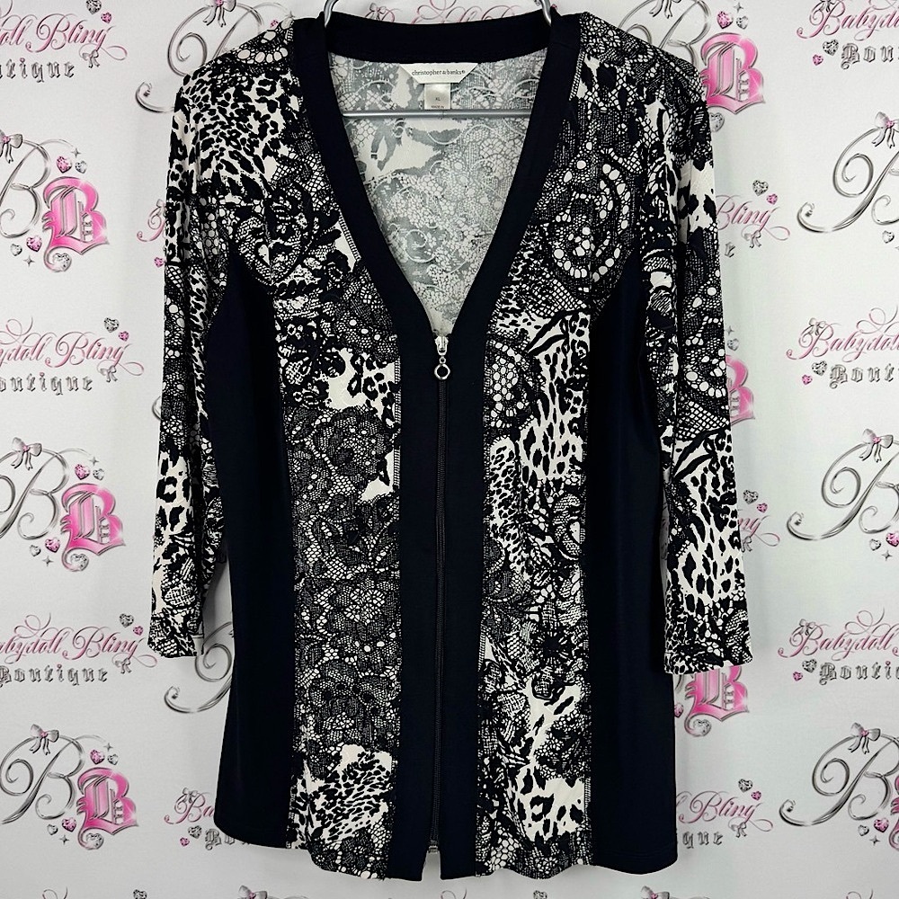 Christopher & Banks Monochrome Patterned Cardigan zip up sweater lace Lacie